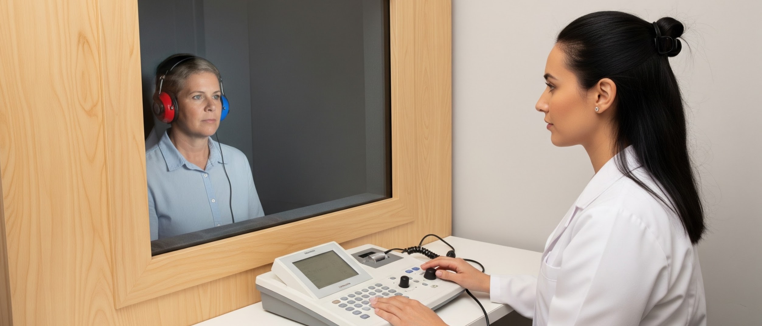 Audiologia Global - Profissional realizando exame audiológico com paciente em cabine acústica